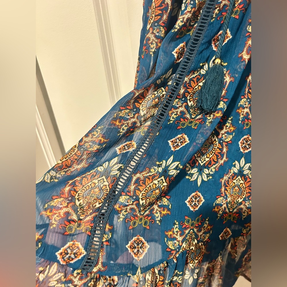 Coco + Jaimeson Bohemian Festival Print Lined Teal Mini Dress Tunic Tank Top - Picture 8 of 14
